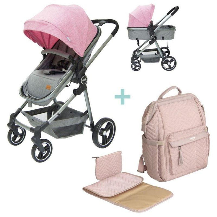 Moon - Pro 2 In 1 Convertible To Carrycot, Reversable Stroller -Pink + Moon - Kary Me Diaper Bag Backpack- Gray - Zrafh.com - Your Destination for Baby & Mother Needs in Saudi Arabia