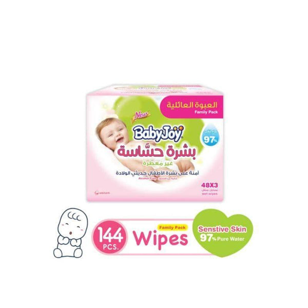 BabyJoy Sensitive Skin Wet Wipes Unscented Family Pack - 3X48 Wipes - ZRAFH