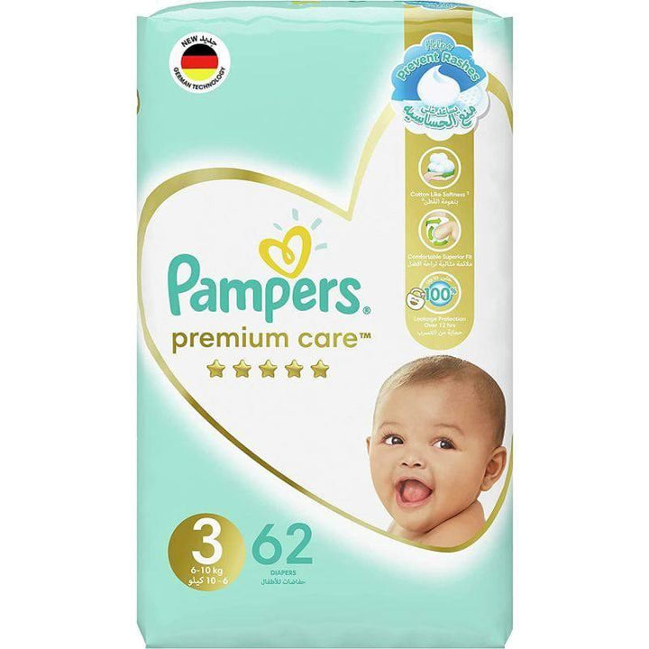 Pampers Premium Care Baby Diapers Mega Pack Size #3 Medium, 6-10 KG, 62 Diapers - ZRAFH