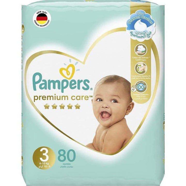 Pampers Baby Diapers Premium Care Giant Pack #3 Size Medium, 6-10 KG ,80 Diapers - ZRAFH