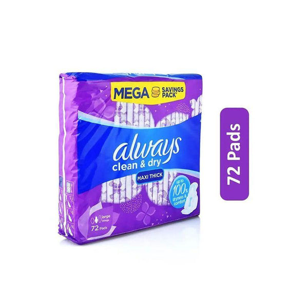 Always Clean & Dry Maxi Thick Large Sanitary Pads with Wings - 72 Pieces - Zrafh.com - Your Destination for Baby & Mother Needs in Saudi Arabia