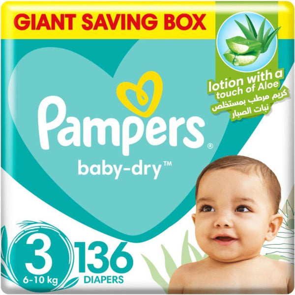 Pampers Baby Dry Diapers with Aloe Vera Lotion and Leak Protection - Size 3 - 136 Diapers - Zrafh.com - Your Destination for Baby & Mother Needs in Saudi Arabia