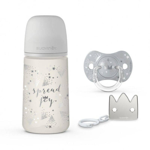 Suavinex Baby Bottle + Soother + Crown Clip Set - 270 ml - 3 Pieces - Grey - ZRAFH