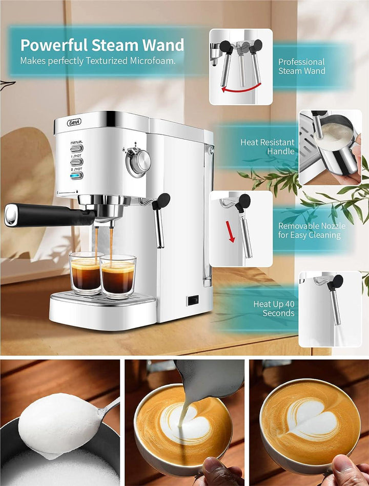 Gevi Espresso Machines 20 Bar Fast Heating Automatic Cappuccino Coffee Maker with Foaming Milk Frother Wand for Espresso, Latte Macchiato, 1.2L Removable Water Tank, 1350W, White - Zrafh.com - Your Destination for Baby & Mother Needs in Saudi Arabia