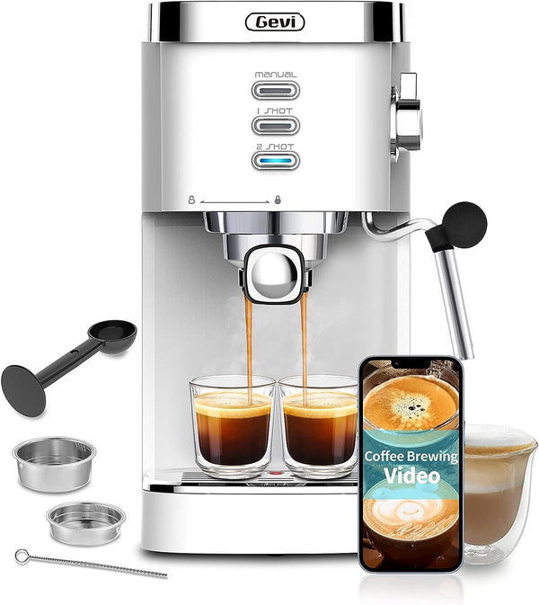Gevi Espresso Machines 20 Bar Fast Heating Automatic Cappuccino Coffee Maker with Foaming Milk Frother Wand for Espresso, Latte Macchiato, 1.2L Removable Water Tank, 1350W, White - Zrafh.com - Your Destination for Baby & Mother Needs in Saudi Arabia