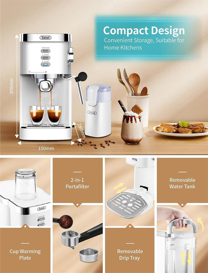 Gevi Espresso Machines 20 Bar Fast Heating Automatic Cappuccino Coffee Maker with Foaming Milk Frother Wand for Espresso, Latte Macchiato, 1.2L Removable Water Tank, 1350W, White - Zrafh.com - Your Destination for Baby & Mother Needs in Saudi Arabia