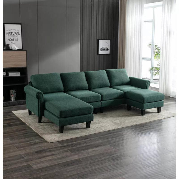 Green Linen U-Shaped Sofa By Alhome - Zrafh.com - Your Destination for Baby & Mother Needs in Saudi Arabia