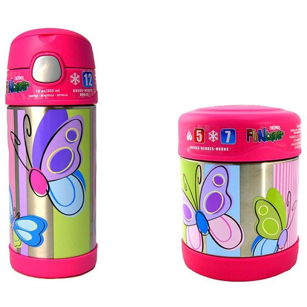 Thermos Fontainer Stainless Steel Food Jar - 290 Ml - Butterfly + Stainless Steel Bottle - 355 Ml - Butterfly - Zrafh.com - Your Destination for Baby & Mother Needs in Saudi Arabia