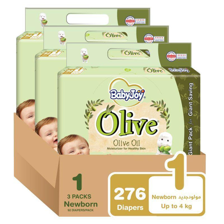 BabyJoy Olive Diapers Giant Box - Size 1 - Newborn - 0-4 kg - 276 Diapers - Zrafh.com - Your Destination for Baby & Mother Needs in Saudi Arabia