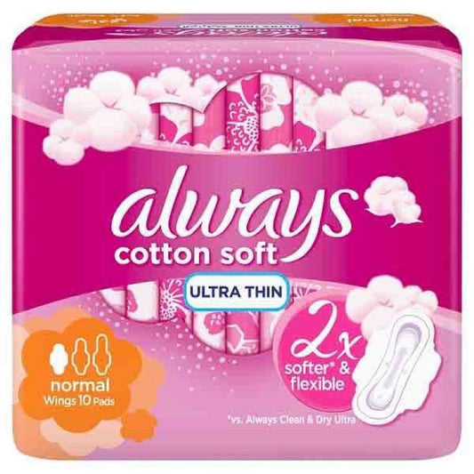 Always Cotton Soft Ultra Thin Normal Sanitary Pads with Wings - 10 Pieces - Zrafh.com - Your Destination for Baby & Mother Needs in Saudi Arabia