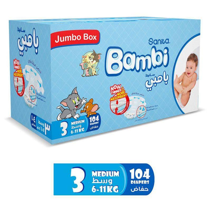 Sanita Bambi Baby Diaper Jumbo Pack #3 Size Medium, 6-11 KG - 104 Diapers - ZRAFH