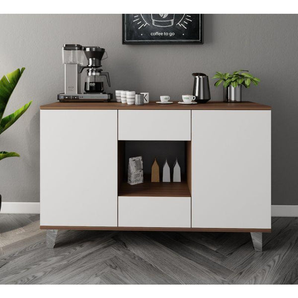 White and Brown Coffee Corner with Two Doors and Two Sliding Drawers By Alhome - Zrafh.com - Your Destination for Baby & Mother Needs in Saudi Arabia