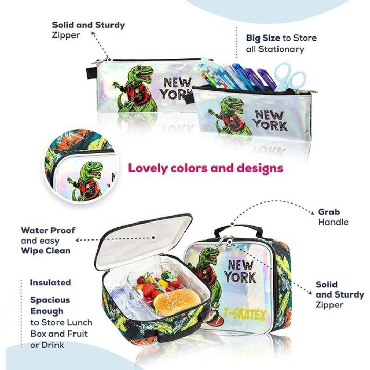 Eazy Kids - 16" Set Of 3 Trolley School Bag Lunch Bag And Pencil Case New York Dinosaur - Green - Zrafh.com - Your Destination for Baby & Mother Needs in Saudi Arabia