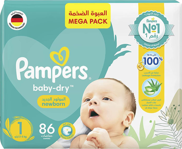 Pampers Baby Diapers Mega Pack Size 1 Newborn, 2-5 KG, 86 Diapers - ZRAFH