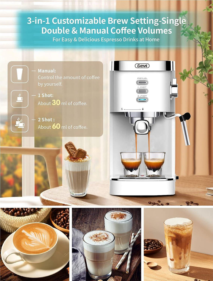 Gevi Espresso Machines 20 Bar Fast Heating Automatic Cappuccino Coffee Maker with Foaming Milk Frother Wand for Espresso, Latte Macchiato, 1.2L Removable Water Tank, 1350W, White - Zrafh.com - Your Destination for Baby & Mother Needs in Saudi Arabia