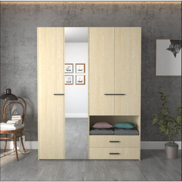 Wardrobe with 4 Doors, 2 Drawers, and Mirror, Beige By Alhome - Zrafh.com - Your Destination for Baby & Mother Needs in Saudi Arabia