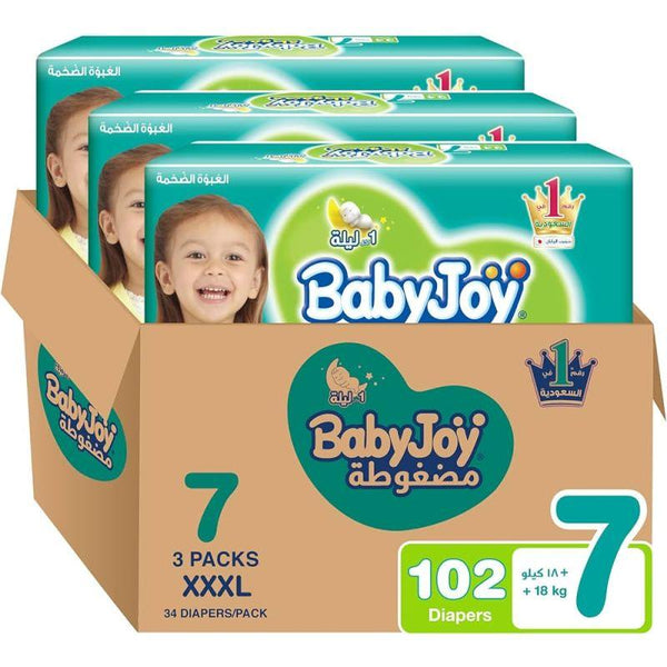 BabyJoy Compressed Diamond Pad Mega Box - Size 7 - 3XL - 18+ kg - 102 Diapers - Zrafh.com - Your Destination for Baby & Mother Needs in Saudi Arabia