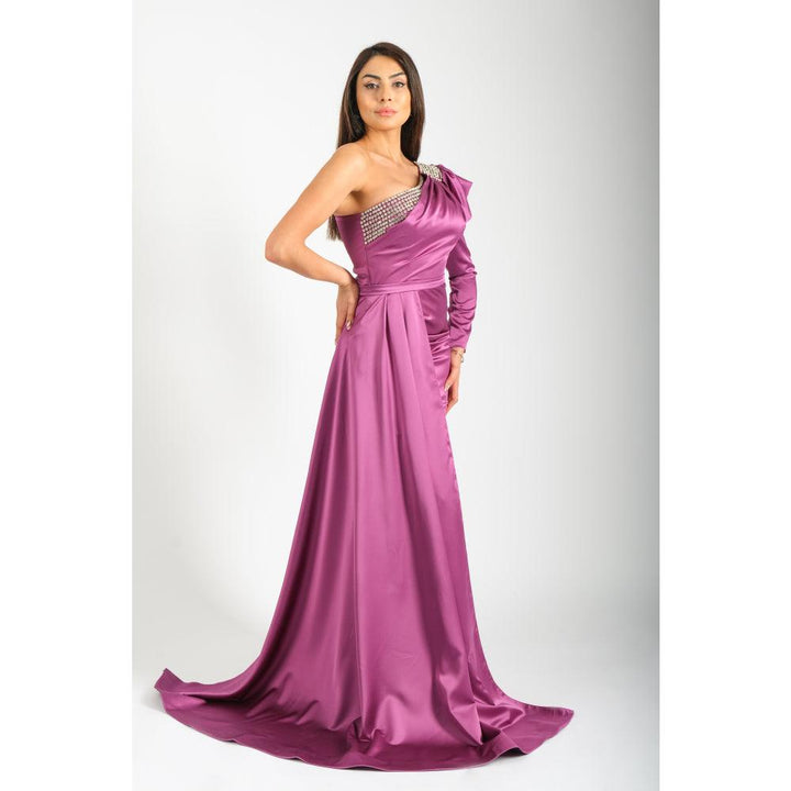 Londonella Women's Off Shoulder Party Dress With One Long Sleeve - Purple - 100255 - Zrafh.com - Your Destination for Baby & Mother Needs in Saudi Arabia