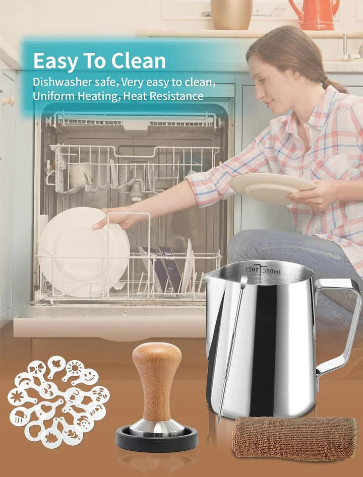 Gevi Espresso Machine Accessories - Milk Frothing Pitcher 12oz/350mL, 16 Pieces Coffee Decorating Stencils, Decorating Art Pen, Stainless Steel Tamper, Barista Towel and Coffee Tamper Placement - Zrafh.com - Your Destination for Baby & Mother Needs in Saudi Arabia