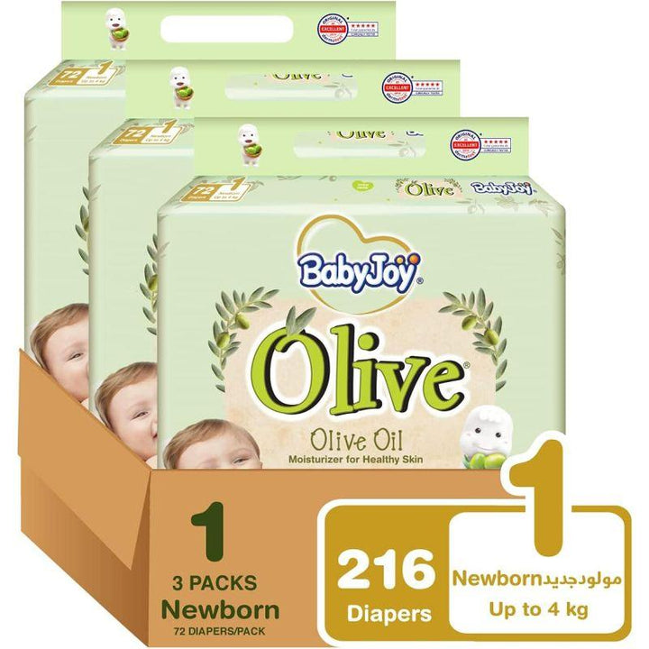 BabyJoy Olive Diapers Mega Box - Size 1 - Newborn - 0-4 kg - 216 Diapers - Zrafh.com - Your Destination for Baby & Mother Needs in Saudi Arabia