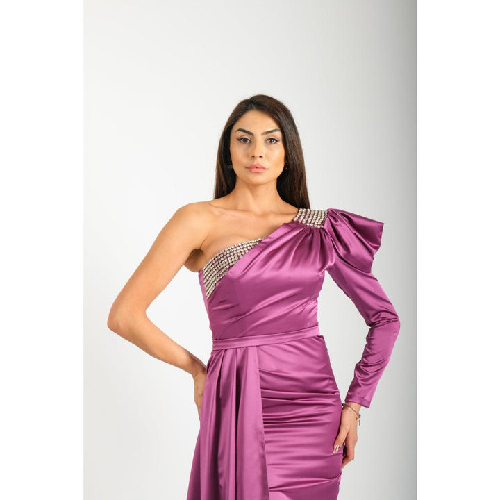 Londonella Women's Off Shoulder Party Dress With One Long Sleeve - Purple - 100255 - Zrafh.com - Your Destination for Baby & Mother Needs in Saudi Arabia