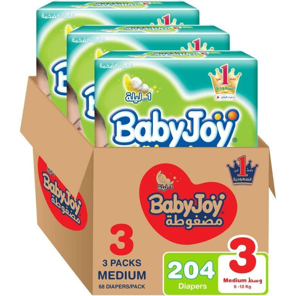 BabyJoy Compressed Diamond Pad Mega Box - Size 3 - Medium - 6-12 kg - 204 Diapers - Zrafh.com - Your Destination for Baby & Mother Needs in Saudi Arabia