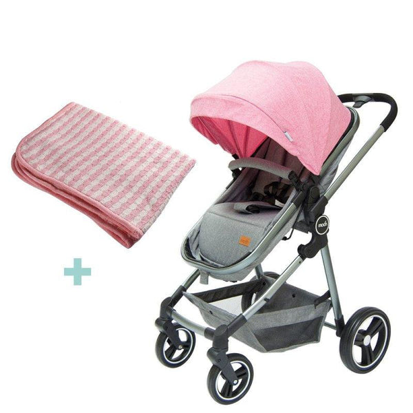 Moon - Pro 2 In 1 Convertible To Carrycot, Reversable Stroller - Pink + Moon - 100% Cotton Knitted & Fur Baby Blanket 70x102Cm Pink - Zrafh.com - Your Destination for Baby & Mother Needs in Saudi Arabia