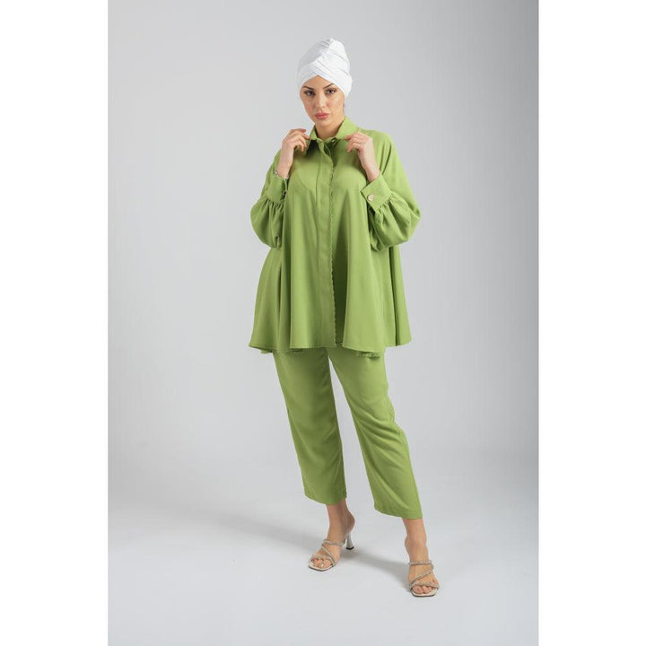 Londonella Women's Wide Long Sleeves Blouse With Pants Set - Green - 100265 - Zrafh.com - Your Destination for Baby & Mother Needs in Saudi Arabia