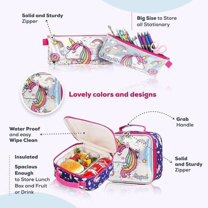 Eazy Kids Trolley School Bag Lunch Bag & Pencil Case Unicorn Chrome - 16" - Set Of 3 - Blue - Zrafh.com - Your Destination for Baby & Mother Needs in Saudi Arabia
