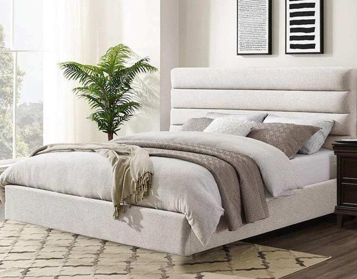 Alhome Super King Bed Wood and White Linen 200x180x140 cm - Beige - AL-562 - Zrafh.com - Your Destination for Baby & Mother Needs in Saudi Arabia