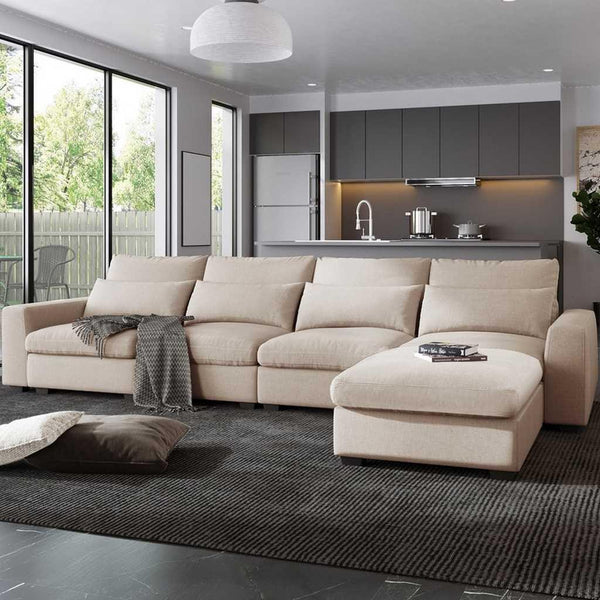 Alhome L-Shape Sofa - Linen - Beige - 85x160x300x75 cm - Zrafh.com - Your Destination for Baby & Mother Needs in Saudi Arabia