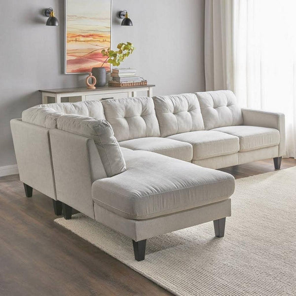 Alhome Swedish Wood and Linen L-Shape Sofa - White - Zrafh.com - Your Destination for Baby & Mother Needs in Saudi Arabia