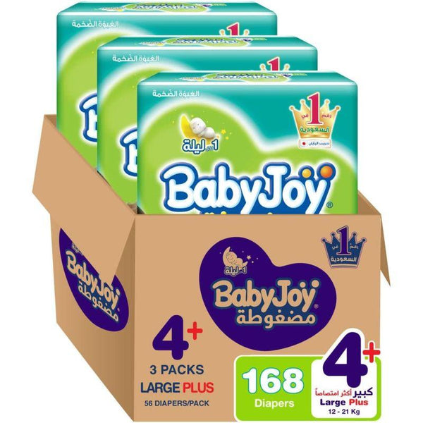 BabyJoy Compressed Diamond Pad Mega Box - Size 4+ - Large+ - 12-21 kg - 168 Diapers - Zrafh.com - Your Destination for Baby & Mother Needs in Saudi Arabia