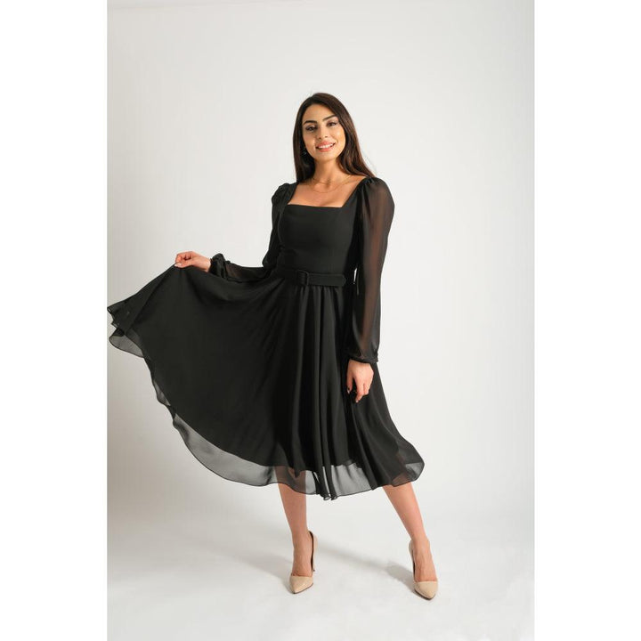 Londonella Women's Short Evening Dress With Long Sleeves & Elegant Waist Belt - 100222 - Zrafh.com - Your Destination for Baby & Mother Needs in Saudi Arabia