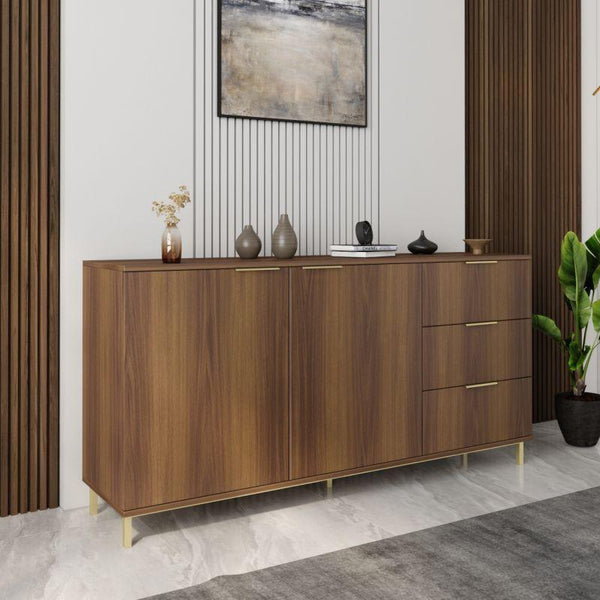 Black Brown Console with 2 Doors, 3 Drawers, and Gold Legs By Alhome - Zrafh.com - Your Destination for Baby & Mother Needs in Saudi Arabia