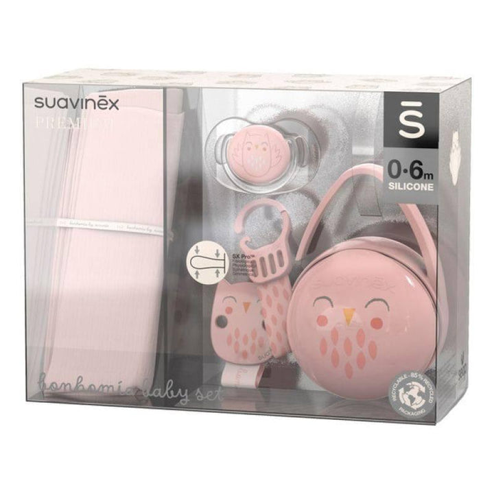 Suavinex Bonhomia Baby Set (Silicone Pacifier+Clip+Pacifier Case+Shoulder Cloth) - 4 Pieces - Pink - ZRAFH