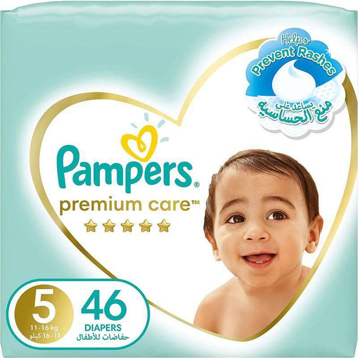 Pampers Premium Care Baby Diapers Mega Pack Size #5 Junior, 11-16 KG, 46 Diapers - ZRAFH