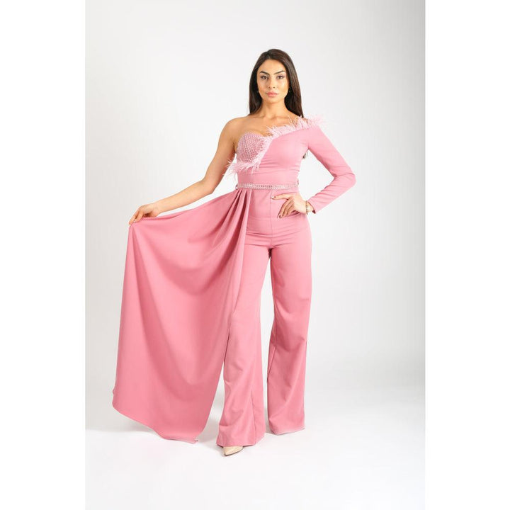 Londonella Women's Off Shoulder Wide Leg Jumpsuit with High Waisted Belt - Pink - 100260 - Zrafh.com - Your Destination for Baby & Mother Needs in Saudi Arabia