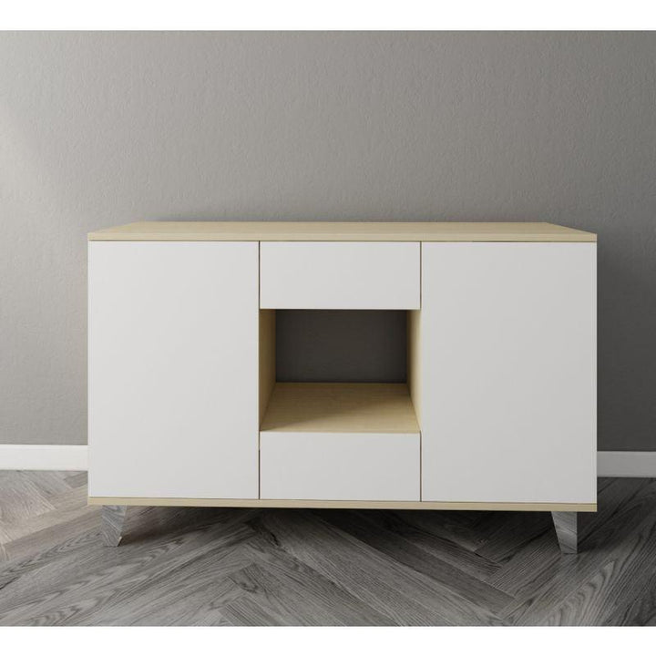 White and Beige Coffee Corner with Two Doors and Two Sliding Drawers By Alhome - Zrafh.com - Your Destination for Baby & Mother Needs in Saudi Arabia