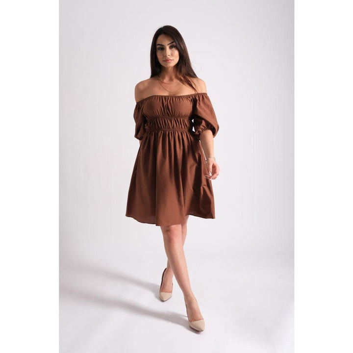 Londonella Women's half Lantern Sleeves Off-shoulder style Dress - Brown - 100202 - Zrafh.com - Your Destination for Baby & Mother Needs in Saudi Arabia