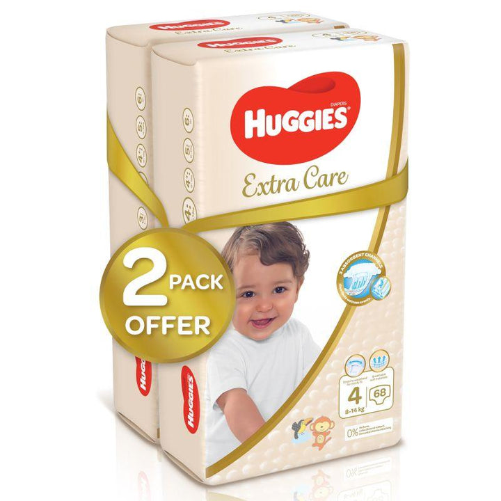 Huggies Extra Care Baby Diapers - Size 4 - From 8 To 14 Kg - Jumbo Pack Of (68 X 2) 136 Diapers - Zrafh.com - Your Destination for Baby & Mother Needs in Saudi Arabia