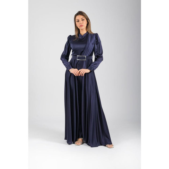 Londonella Women's Long Evening Dress with Long Sleeves & Waist Belt - Navy Blue - 100281 - Zrafh.com - Your Destination for Baby & Mother Needs in Saudi Arabia