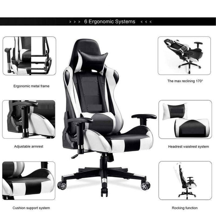High Back Ergonomic Tsunami Gaming Chair White - 29.7x21x21 cm - 27-55-8888-BLACK&WHITE - ZRAFH