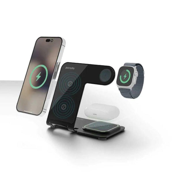 Porodo Double Coil Wireless Charging Station - 3 in 1 - PD-FWCH015-BK - Zrafh.com - Your Destination for Baby & Mother Needs in Saudi Arabia