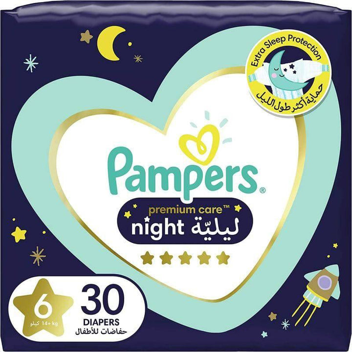 Pampers Premium Night Care Baby Diapers Giant Pack Size #6 (14+)Kg - 30 Diapers - ZRAFH