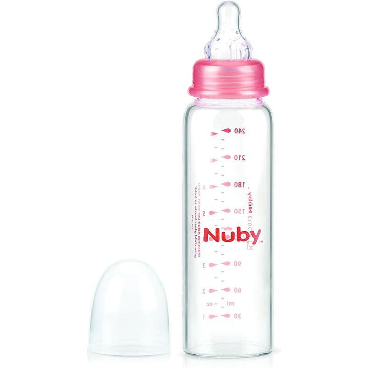 Nuby 240Ml Standard Neck Clear Glass Bottle W/Nuby Logo, Pp No Icon Hood & Medium Flow Silicone Nipples. Blue - ZRAFH