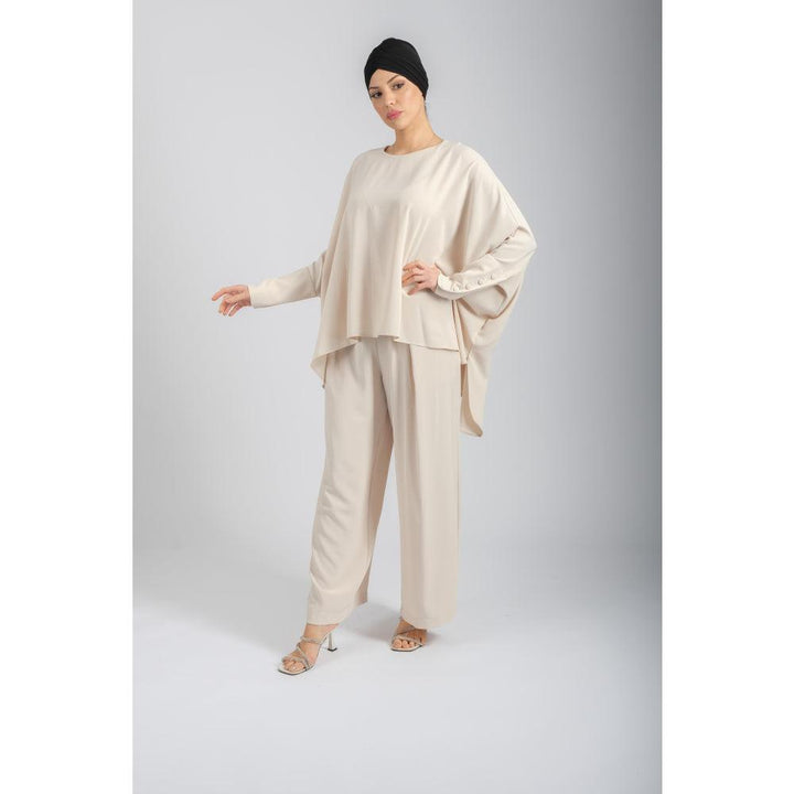 Londonella Women's Wide Long Sleeves Blouse With Pants Set - Beige - 100264 - Zrafh.com - Your Destination for Baby & Mother Needs in Saudi Arabia