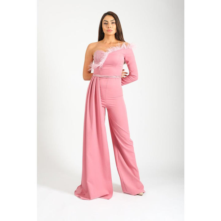 Londonella Women's Off Shoulder Wide Leg Jumpsuit with High Waisted Belt - Pink - 100260 - Zrafh.com - Your Destination for Baby & Mother Needs in Saudi Arabia