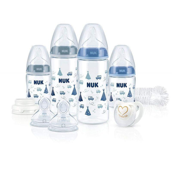 Nuk 4 Piece Baby Bottle Set With Cleaning Brush And Pacifier - Blue - Zrafh.com - Your Destination for Baby & Mother Needs in Saudi Arabia