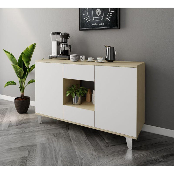 White and Beige Coffee Corner with Two Doors and Two Sliding Drawers By Alhome - Zrafh.com - Your Destination for Baby & Mother Needs in Saudi Arabia